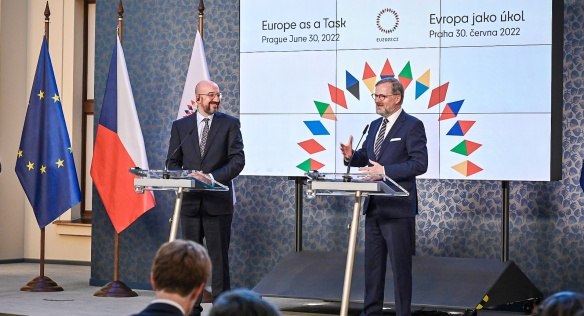 Na tiskové konferenci shrnuli premiér P. Fiala a předseda Evropské rady Ch. Michel shrnuli hlavní témata jednání, 30. června 2022.