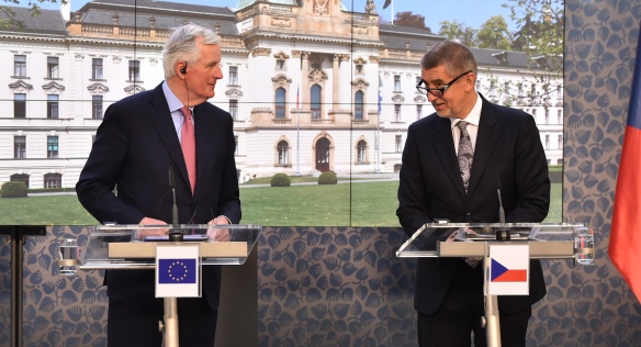 Tisková konference po jednání premiéra Andreje Babiše s hlavním vyjednavačem EU pro brexit Michelem Barnierem, 12. dubna 2018.