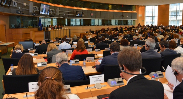 Předseda vlády Bohuslav Sobotka vystoupil na Frakci socialistů a demokratů v Evropském parlamentu, 14. října 2015.