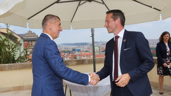 Premier Babiš with Danish Finance Minister Jensen on the terrace of the Hrzánský Palace, 12 June 2018.