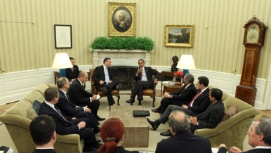 Premiér Petr Nečas a prezident USA Barack Obama, Washington 27. října 2011 