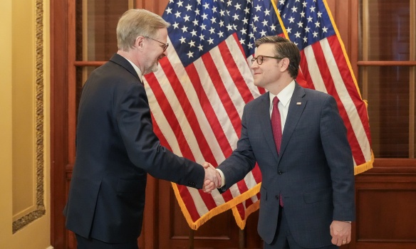 Czech Prime Minister Petr Fiala is welcomed by Speaker of the House of Representatives Mike Johnson, April 16, 2024.
