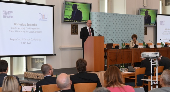 Předseda vlády Bohuslav Sobotka vystoupil na konferenci Prague Social Europe, 4. září 2015.