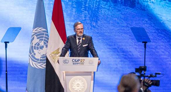 Předseda vlády Petr Fiala vystoupil s projevem na klimatické konferenci COP27 v Egyptě, 8. listopadu 2022.