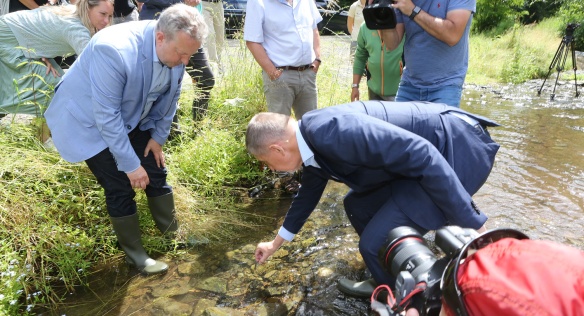Premiér Andrej Babiš a ministr životního prostředí Richard Brabec pomohli na Křivoklátsku vysadit raky kamenáče, 2. července 2020.