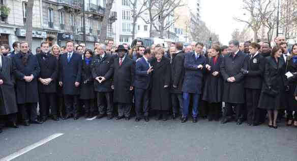 Prime minister Sobotka and foreign minister Zaorálek honour terrorist attack victims at Paris rally, 11 January 2015.