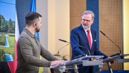 Premiér Petr Fiala se ve Strakově akademii setkal s prezidentem Zelenským, 7. července 2023.