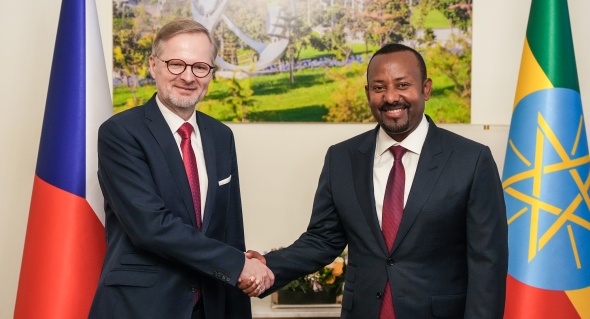 V premiérském paláci přivítal českého premiéra Petra Fialu předseda etiopské vlády Abiy Ahmed, 4. listopadu 2023.