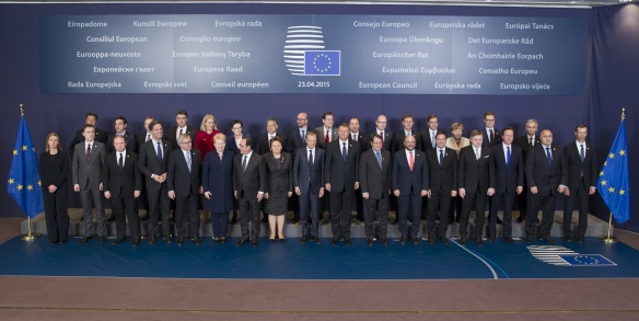 Předseda vlády Bohuslav Sobotka na jednání v Bruselu, 23. dubna 2015. Zdroj: Evropská rada.