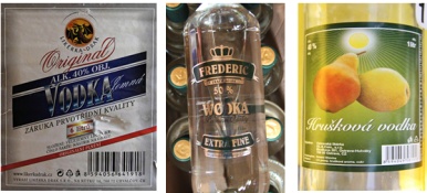 Etikety lahví, ve kterých byl nalezen metylalkohol (možné padělky)