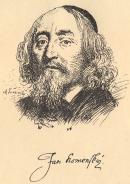 Portrait of J. A. Comenius, by Max Švabinský and signature from the 22th june 1654. 